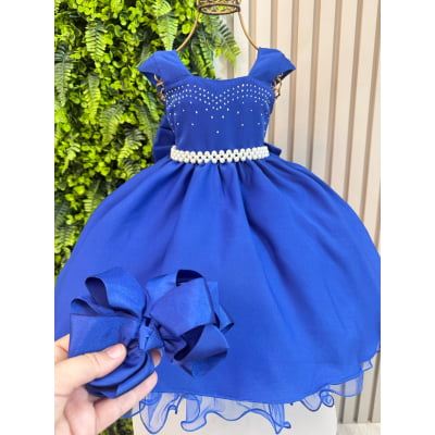 Vestido Infantil Azul Royal + Tiara ou Laço