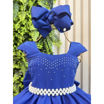 Vestido Infantil Azul Royal + Tiara ou Laço