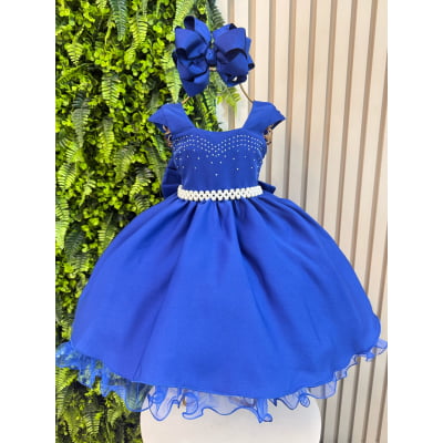 Vestido Infantil Azul Royal + Tiara ou Laço