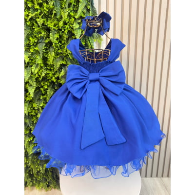Vestido Infantil Azul Royal + Tiara ou Laço