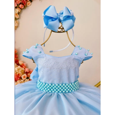 Vestido Infantil Azul Saia Organza e Busto C/ Strass Luxo