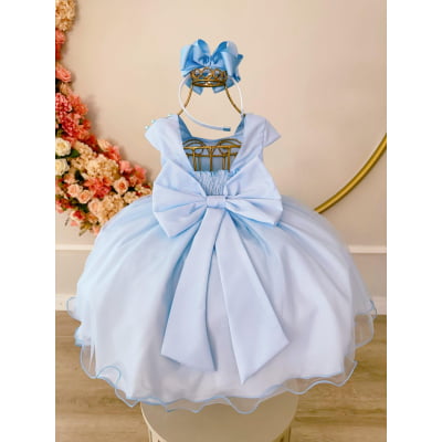 Vestido Infantil Azul Saia Organza e Busto C/ Strass Luxo