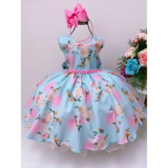 Vestido Infantil Azul Tiffany Florido Daminhas C/ Pérolas