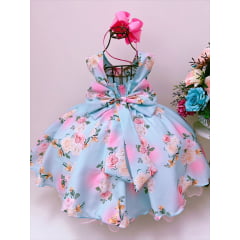 Vestido Infantil Azul Tiffany Florido Daminhas C/ Pérolas