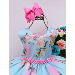 Vestido Infantil Azul Tiffany Florido Daminhas C/ Pérolas