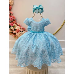 Vestido Infantil Azul Tule C/ Renda Florido Cinto de Pérolas