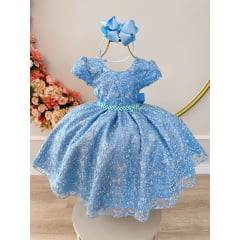 Vestido Infantil Azul Tule Com Renda de Flores Damas Festas