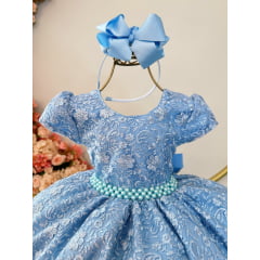 Vestido Infantil Azul Tule Com Renda de Flores Damas Festas