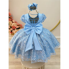 Vestido Infantil Azul Tule Com Renda de Flores Damas Festas