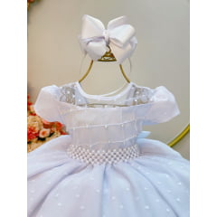 Vestido Infantil Branco Busto Nervura e Tule Pipoquinha