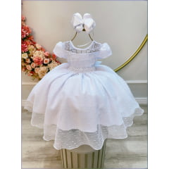 Vestido Infantil Branco Busto Nervura e Tule Pipoquinha