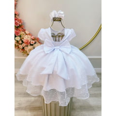 Vestido Infantil Branco Busto Nervura e Tule Pipoquinha