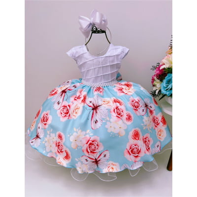 Vestido Infantil Branco Busto Nervura Jardim das Borboletas Vestido Infantil Branco Busto Nervura Jardim das Borboletas