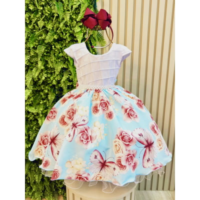 Vestido Infantil Branco Busto Nervura Jardim das Borboletas Vestido Infantil Branco Busto Nervura Jardim das Borboletas