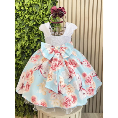 Vestido Infantil Branco Busto Nervura Jardim das Borboletas