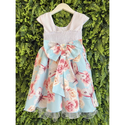 Vestido Infantil Branco Busto Nervura Jardim das Borboletas