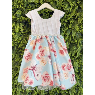 Vestido Infantil Branco Busto Nervura Jardim das Borboletas