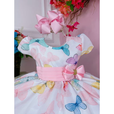 Vestido Infantil Branco C/ Borboletas Coloridas e Broche