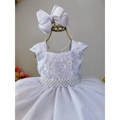 Vestido Infantil Branco C/ Renda Luxo e Cinto de Pérolas