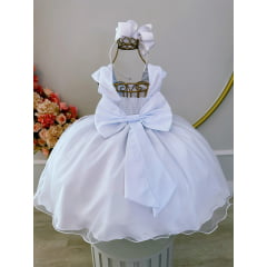 Vestido Infantil Branco C/ Renda Luxo e Cinto de Pérolas