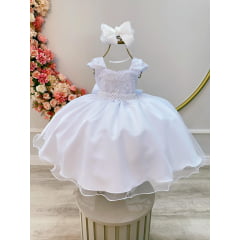 Vestido Infantil Branco C/ Renda Luxo e Cinto de Pérolas