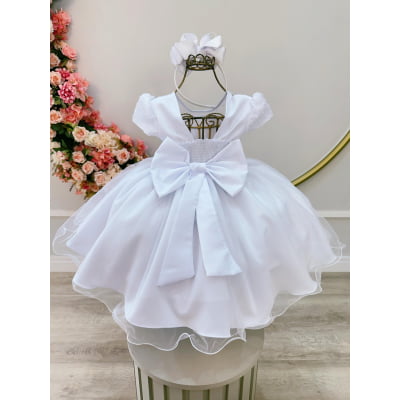 Vestido Infantil Branco C/ Tule Pipoquinha Daminhas Festas