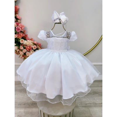 Vestido Infantil Branco C/ Tule Pipoquinha Daminhas Festas