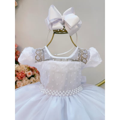 Vestido Infantil Branco C/ Tule Pipoquinha Daminhas Festas