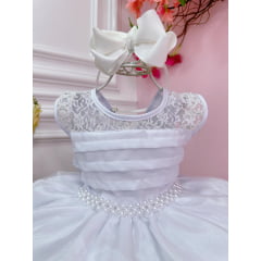 Vestido Infantil Branco Com Renda Cinto Pérolas