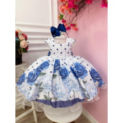 Vestido Infantil Branco Floral Azul Bolas Cinto Pérolas
