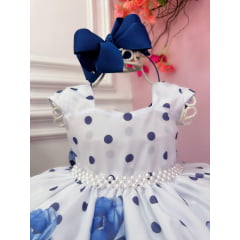 Vestido Infantil Branco Floral Azul Bolas C/ Pérolas Festas