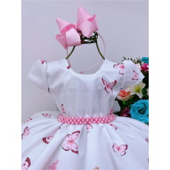 Vestido Infantil Branco Jardim das Borboletas C/ Pérolas Luxo