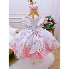 Vestido Infantil Branco Jardim das Borboletas C/ Pérolas Luxo