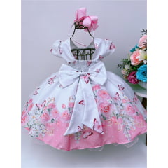 Vestido Infantil Branco Jardim das Borboletas C/ Pérolas Luxo