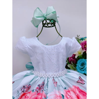 Vestido Infantil Branco Jardim das Borboletas Strass Pérolas