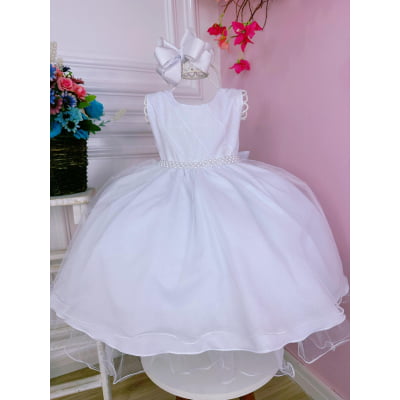 Vestido Infantil Branco Peito Strass Voal Cinto de Pérolas