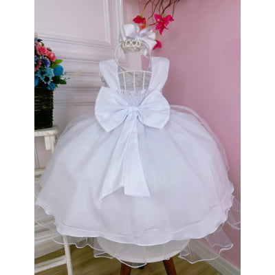 Vestido Infantil Branco Peito Strass Voal Cinto de Pérolas