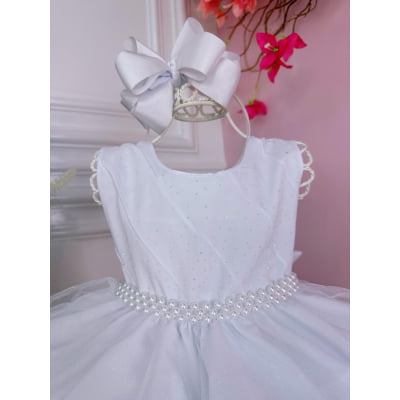 Vestido Infantil Branco Peito Strass Voal Cinto de Pérolas