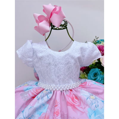 Vestido Infantil Branco Renda Saia Rosa Florida Pérolas Luxo
