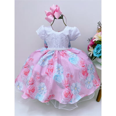 Vestido Infantil Branco Renda Saia Rosa Florida Pérolas Luxo