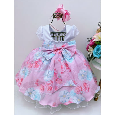 Vestido Infantil Branco Renda Saia Rosa Florida Pérolas Luxo