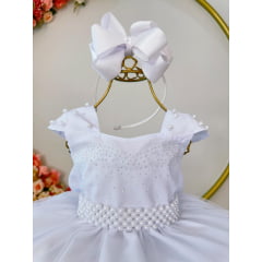 Vestido Infantil Branco Saia Organza e Busto C/ Strass Luxo