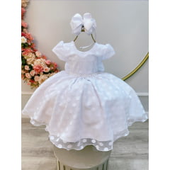 Vestido Infantil Branco Tule C/ Bolinhas e Pérolas Luxo