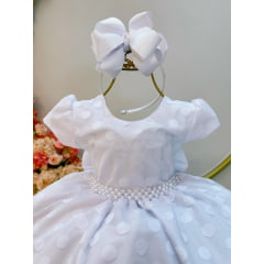 Vestido Infantil Branco Tule C/ Bolinhas e Pérolas Luxo