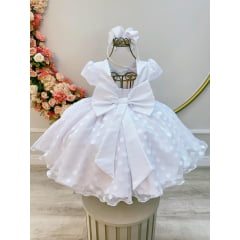 Vestido Infantil Branco Tule C/ Bolinhas e Pérolas Luxo