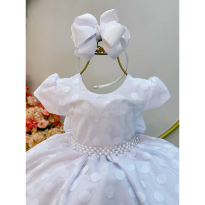 Vestido Infantil Branco Tule C/ Bolinhas e Pérolas Luxo