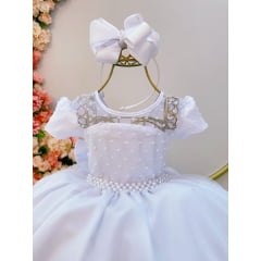 Vestido Infantil Branco Tule Pipoquinha C/ Cinto de Pérolas
