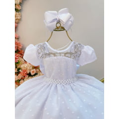 Vestido Infantil Branco Tule Pipoquinha Luxo C/ Pérolas