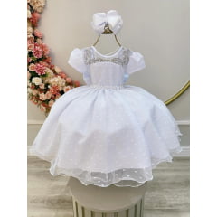 Vestido Infantil Branco Tule Pipoquinha Luxo C/ Pérolas