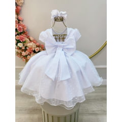 Vestido Infantil Branco Tule Pipoquinha Luxo C/ Pérolas